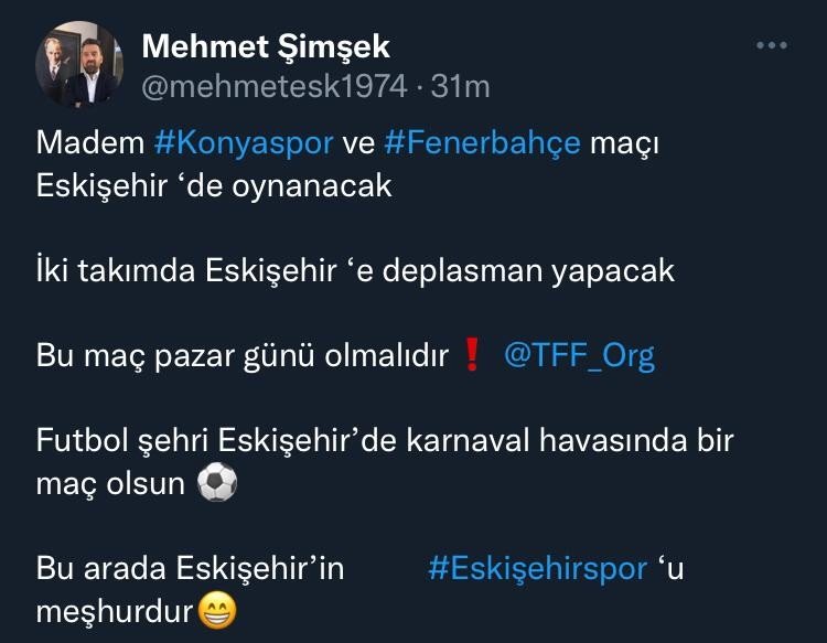 Eskişehirspor Başkanı Şimşek TFF'ye seslendi: Konyaspor-Fenerbahçe maçı pazar günü oynansın