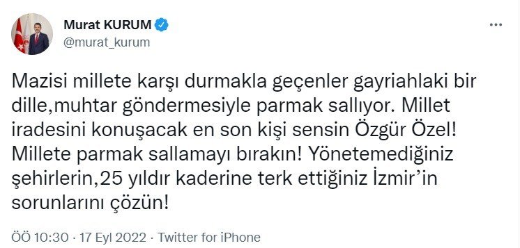 Bakan Kurum: Millet iradesini konuşacak en son kişi sensin Özgür Özel!
