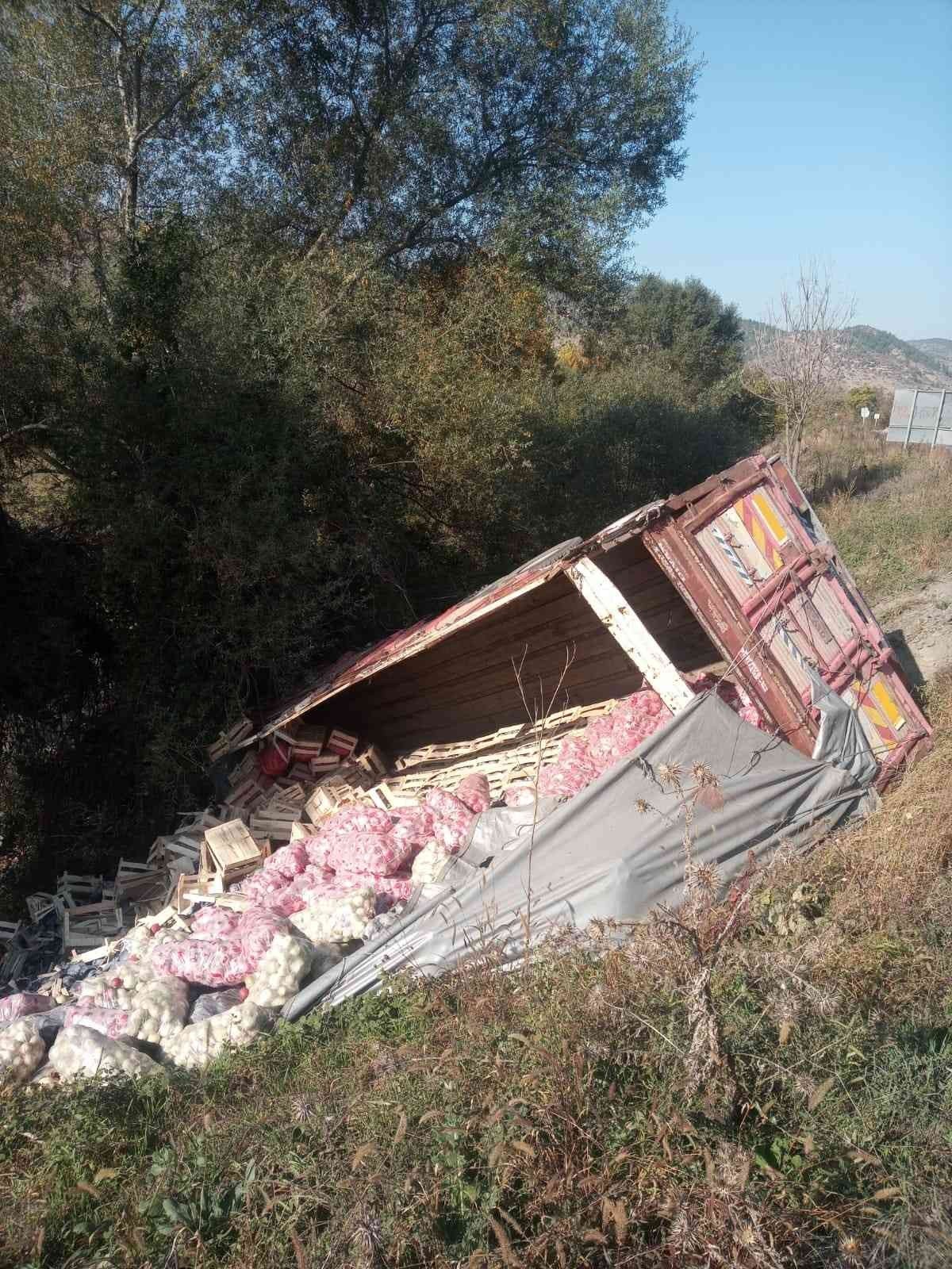 Direksiyonu kitlenen sebze yüklü kamyon şarampole uçtu