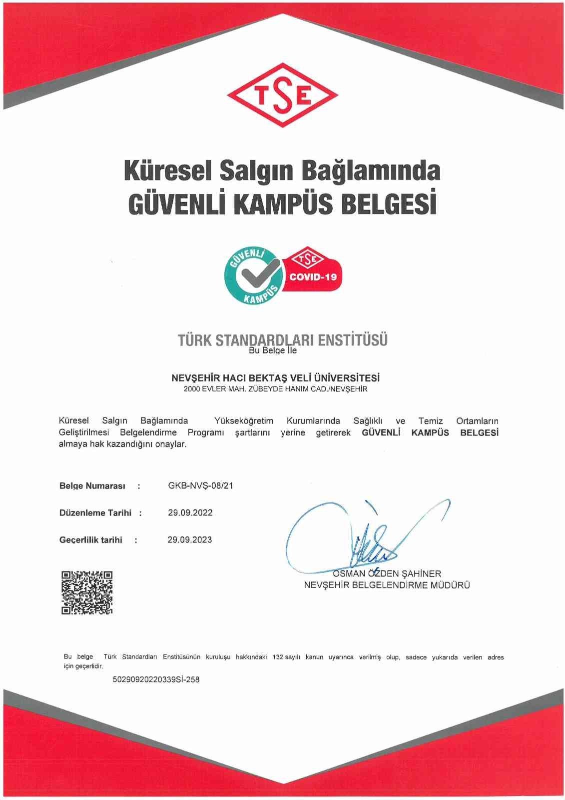 NEVÜ ‘Sağlıklı ve Güvenli Kampüs’ belgesini 2. kez aldı