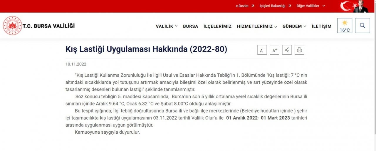 Bursa Valiliği’nden kış lastiği uyarısı