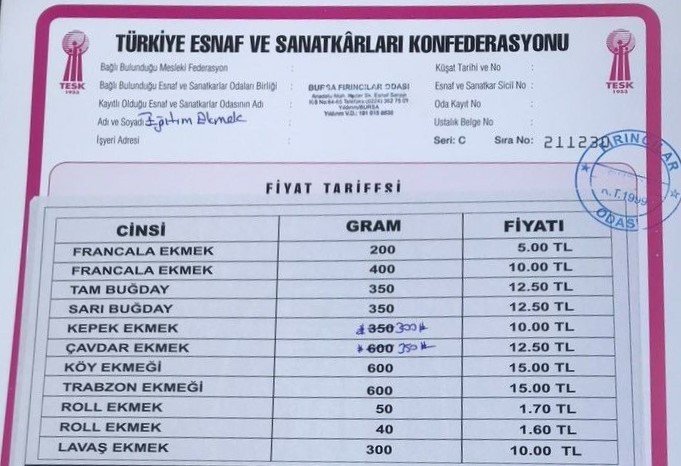 Bursa’da ekmeğe zam
