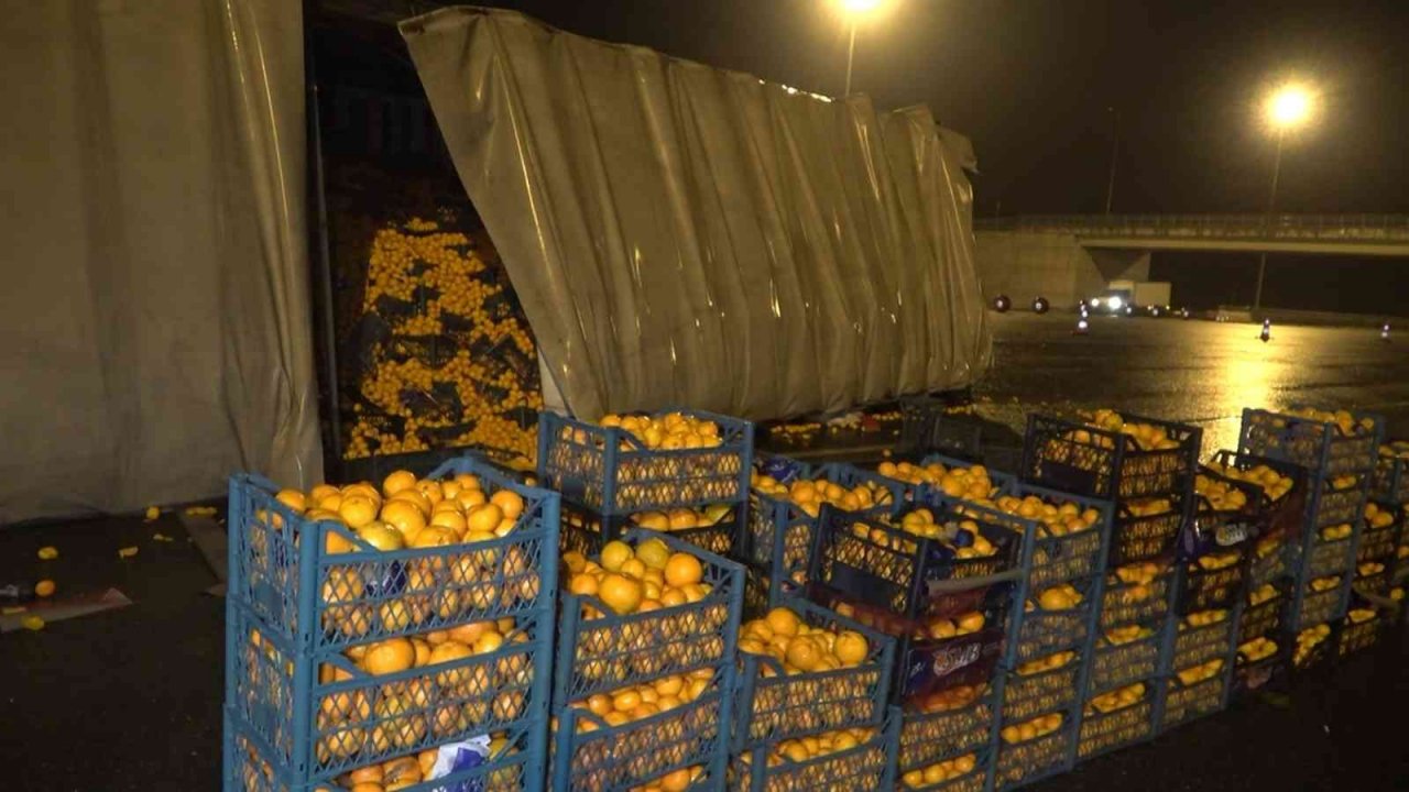 Bursa’da meyve yüklü tır devrildi : 1 yaralı