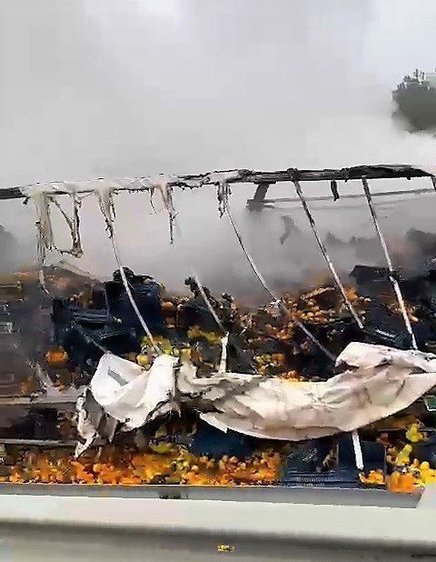 Meyve, sebze yüklü tır alevlere teslim oldu