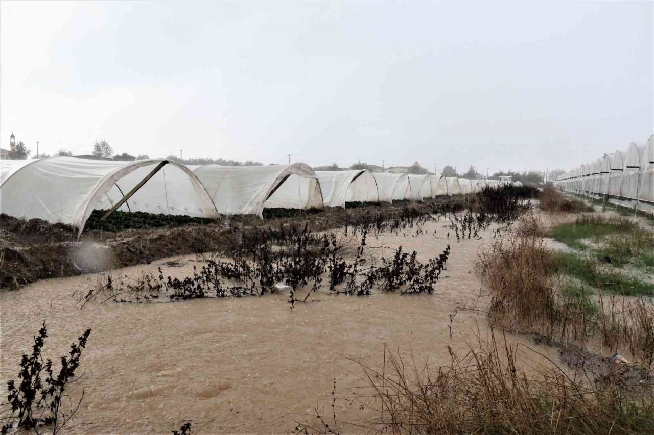Antalya’da 1 saat etkili olan sağanak yağışta çilek seraları sular içinde kaldı