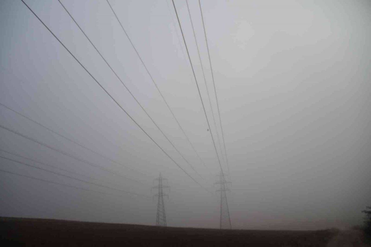 Yüksek gerilim hattı üzerine çöken sis güzel manzara oluşturdu