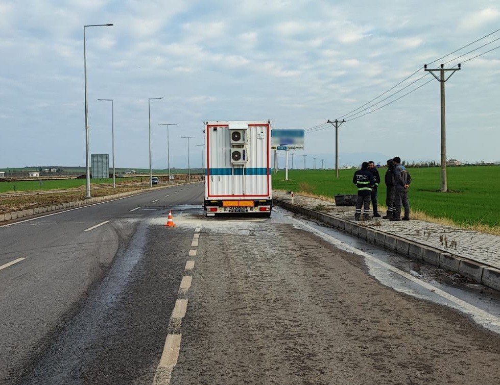 Konteyner taşıyan tırın lastikleri yandı