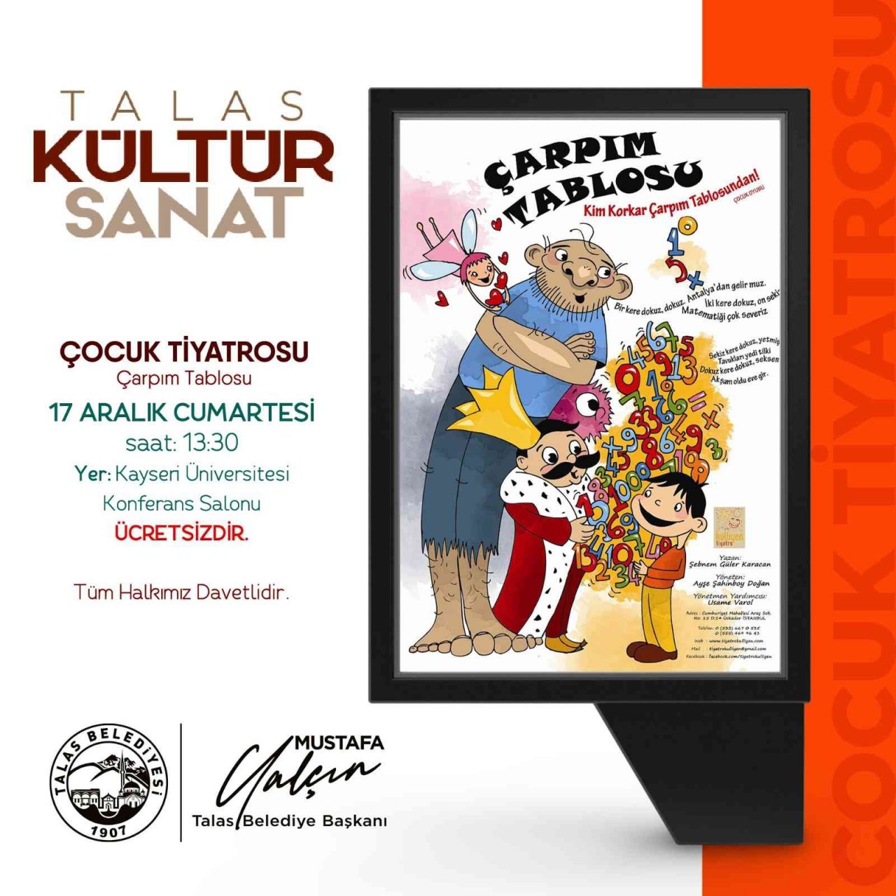 Talas’ta Cuma yetişkin, Cumartesi çocuk tiyatrosu