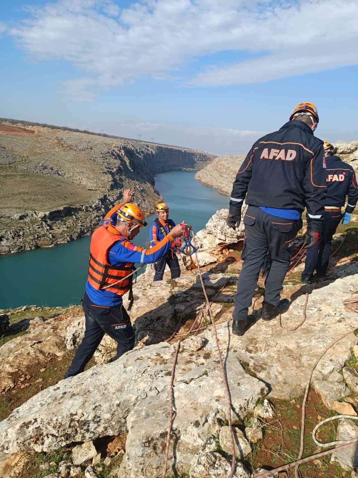 Kayalıklarda mahsur kalan keçiler halatlarla kurtarıldı