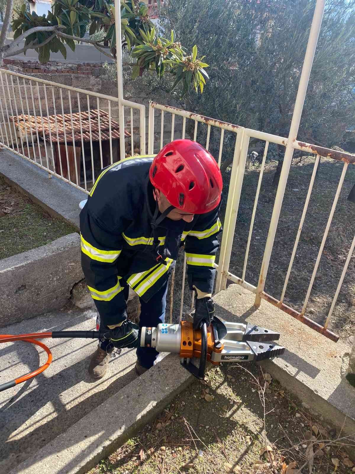 Bahçe demirlerine sıkışan köpeği itfaiye kurtardı