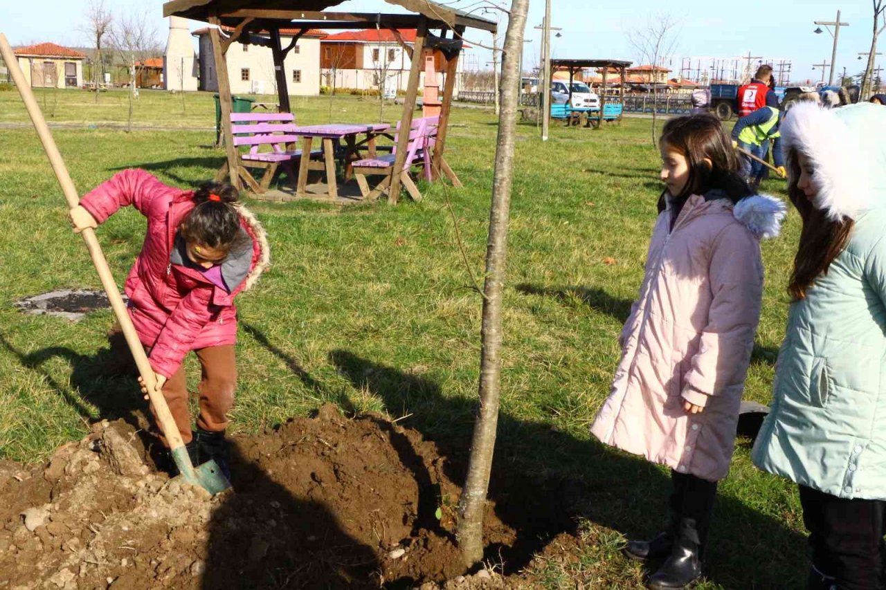 Üniversite öğrencileri, miniklerle birlikte fidan dikti