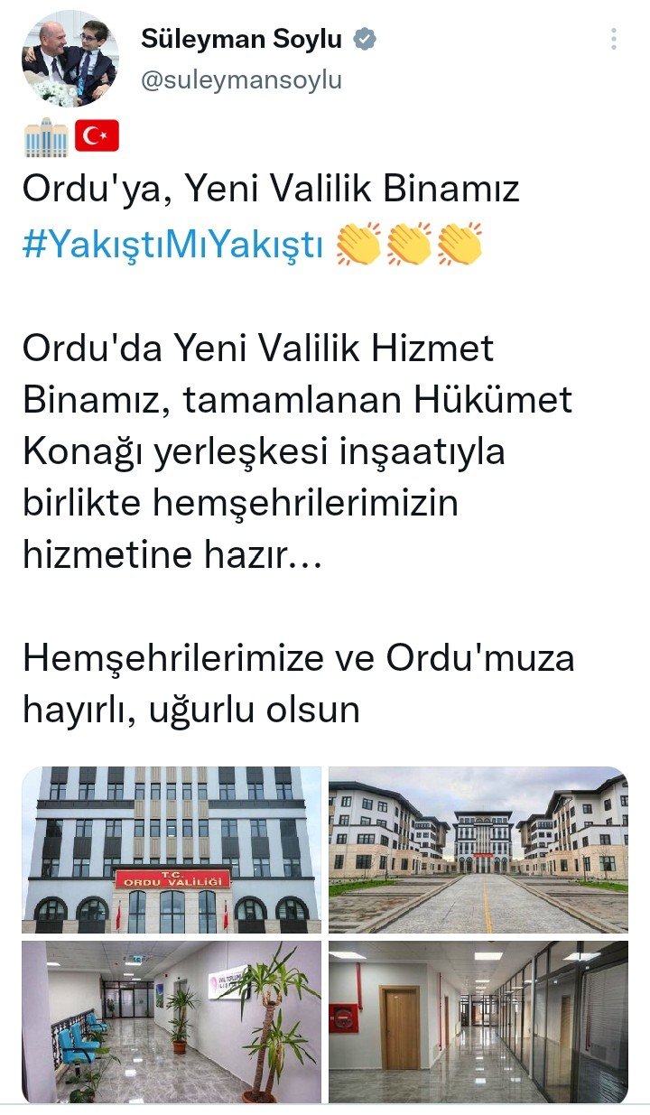 İçişleri Bakanı Soylu’dan ’Ordu Valiliği’ paylaşımı