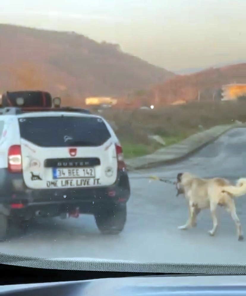 Boğazına ip bağladığı köpeği metrelerce sürükledi