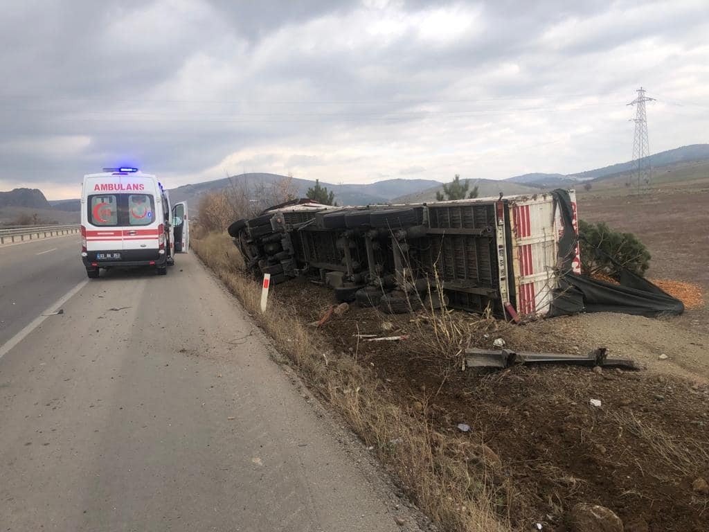 Talaş yüklü kamyon devrildi, sürücüsü yaralandı