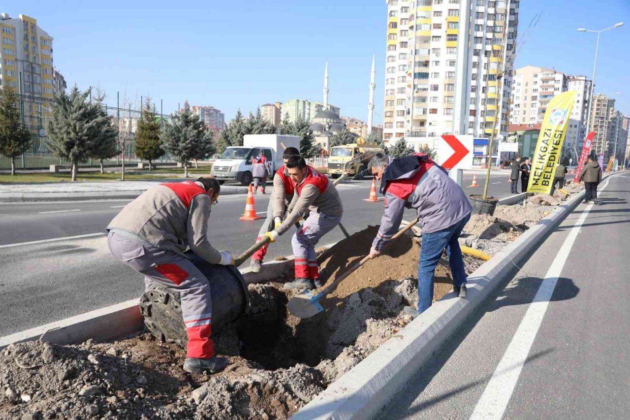 Melikgazi ilçeyi devasa ağaçlarla yeşillendirmeye devam ediyor