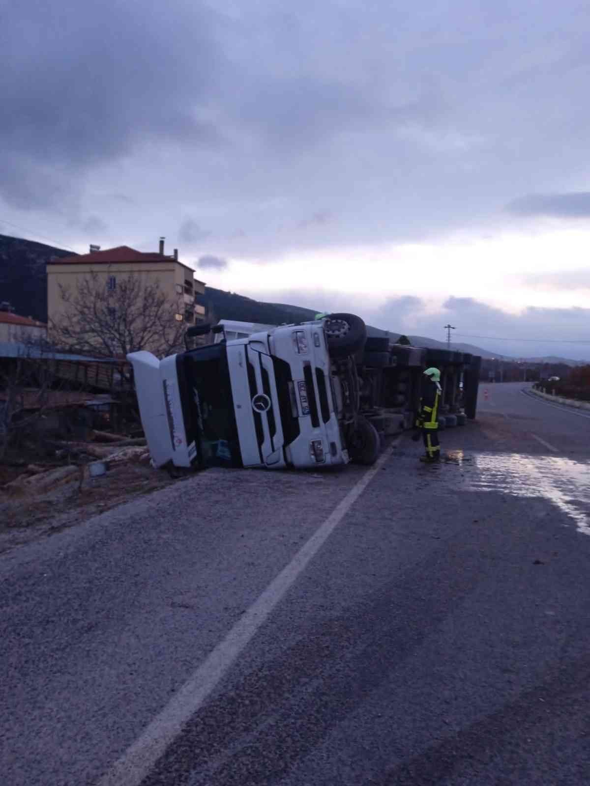 Tomruk yüklü tır devrildi