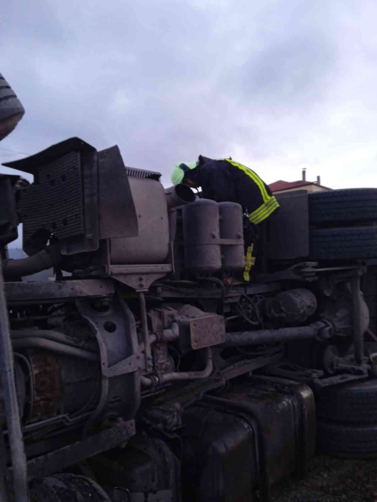 Tomruk yüklü tır devrildi