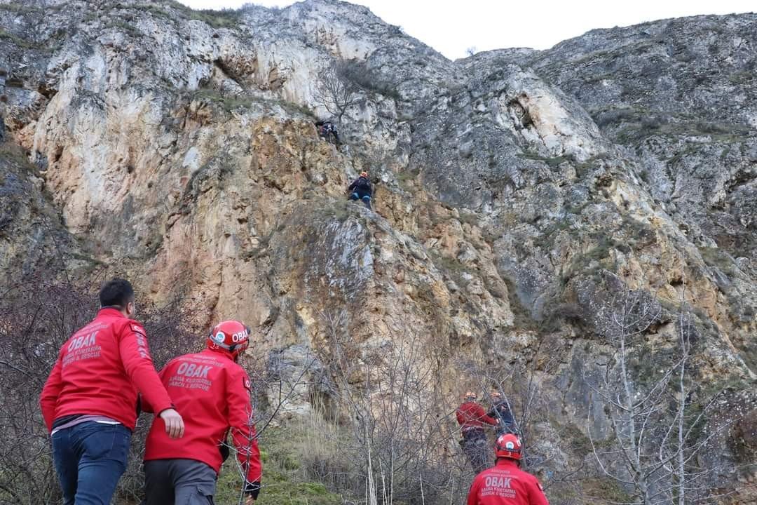 Dağlık alanda mahsur kalan köpek arama kurtarma ekiplerince kurtarıldı