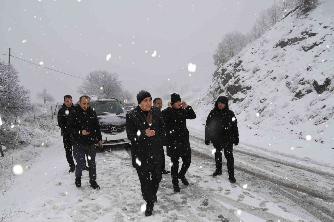 Vali ve milletvekili kar nedeniyle yolda kalan aracı itti