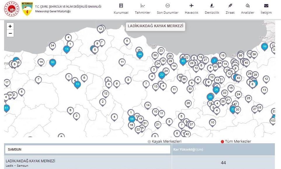 Samsun’un yüksek kesimlerinde kar kalınlığı 44 cm