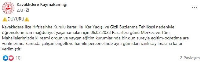 Kavaklıdere’de kar nedeniyle okullar tatil edildi