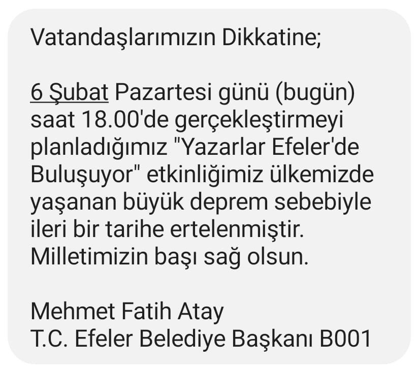 Yazarlar Efeler’de Buluşuyor etkinliği deprem nedeniyle ertelendi