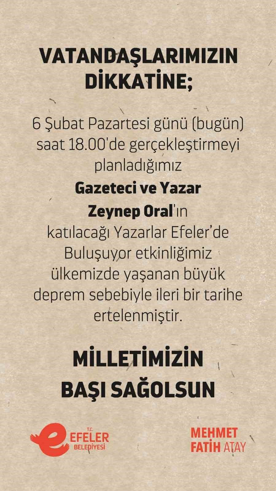 Yazarlar Efeler’de Buluşuyor etkinliği deprem nedeniyle ertelendi