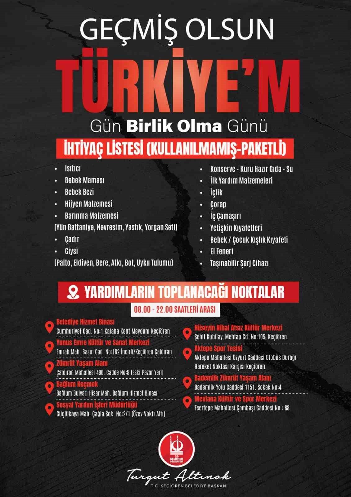 Keçiören Belediyesinden deprem bölgesine destek