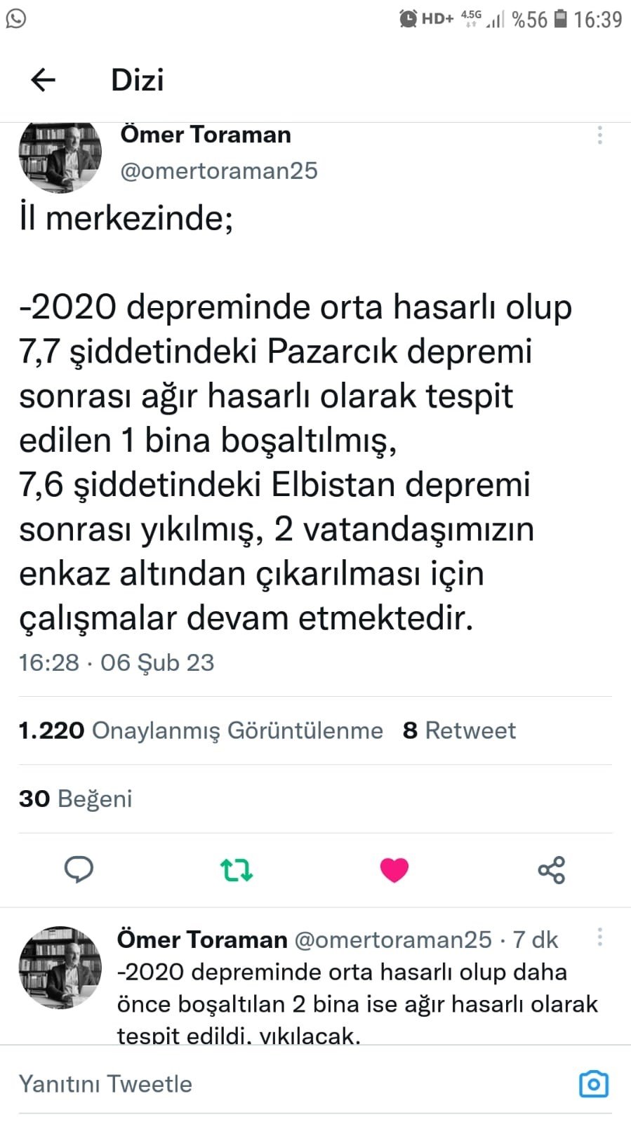 Elazığ Valisi Toraman, “2 vatandaşımızın enkaz altından çıkarılması için çalışmalar devam etmektedir”