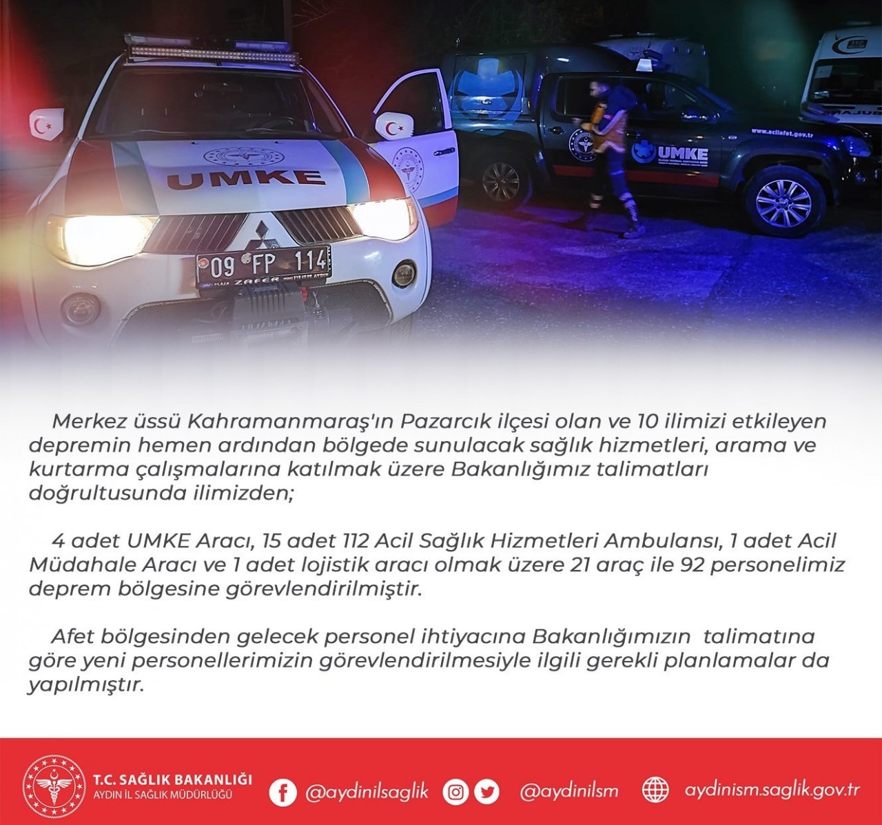 Aydın’ın sağlık ekipleri deprem bölgesinde