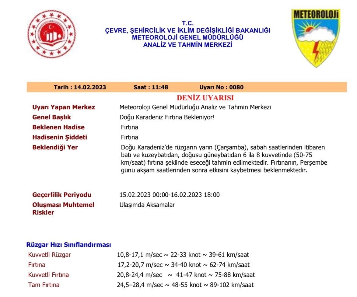 Orta Karadeniz’de fırtına uyarısı