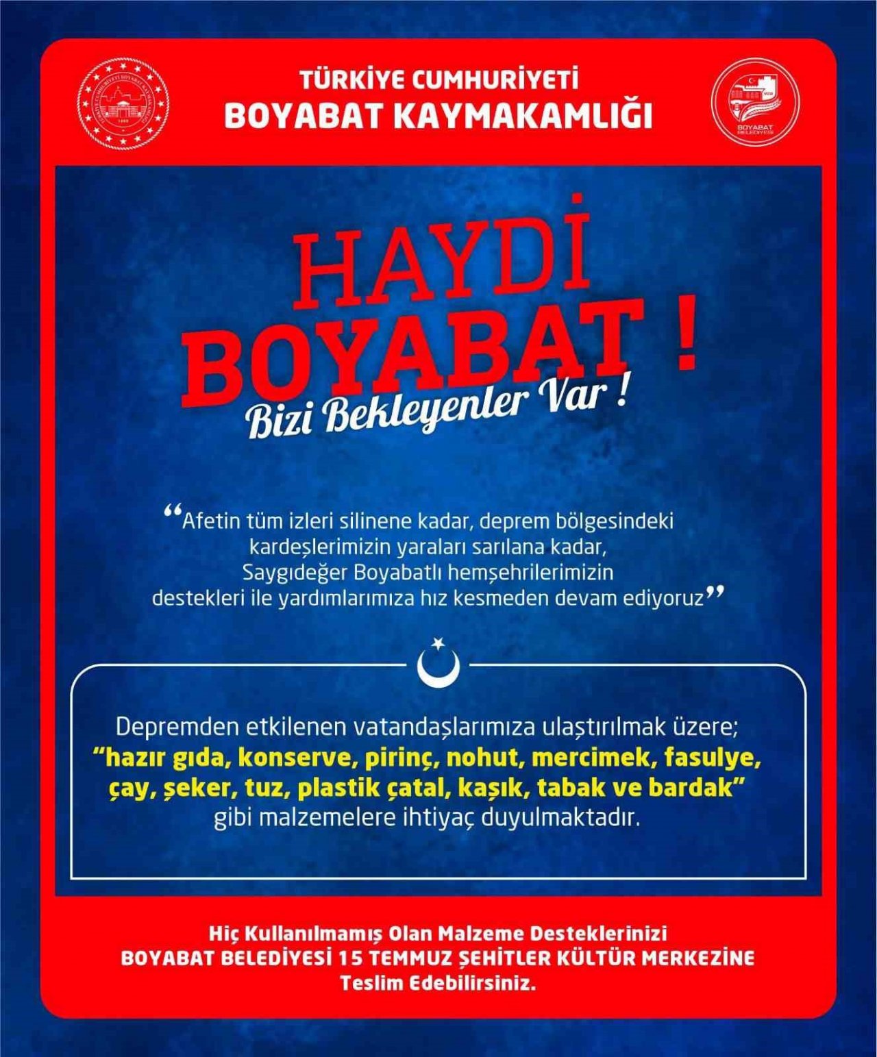 Boyabat’ta depremzedeler için desteğin sürdürülmesi çağrısı