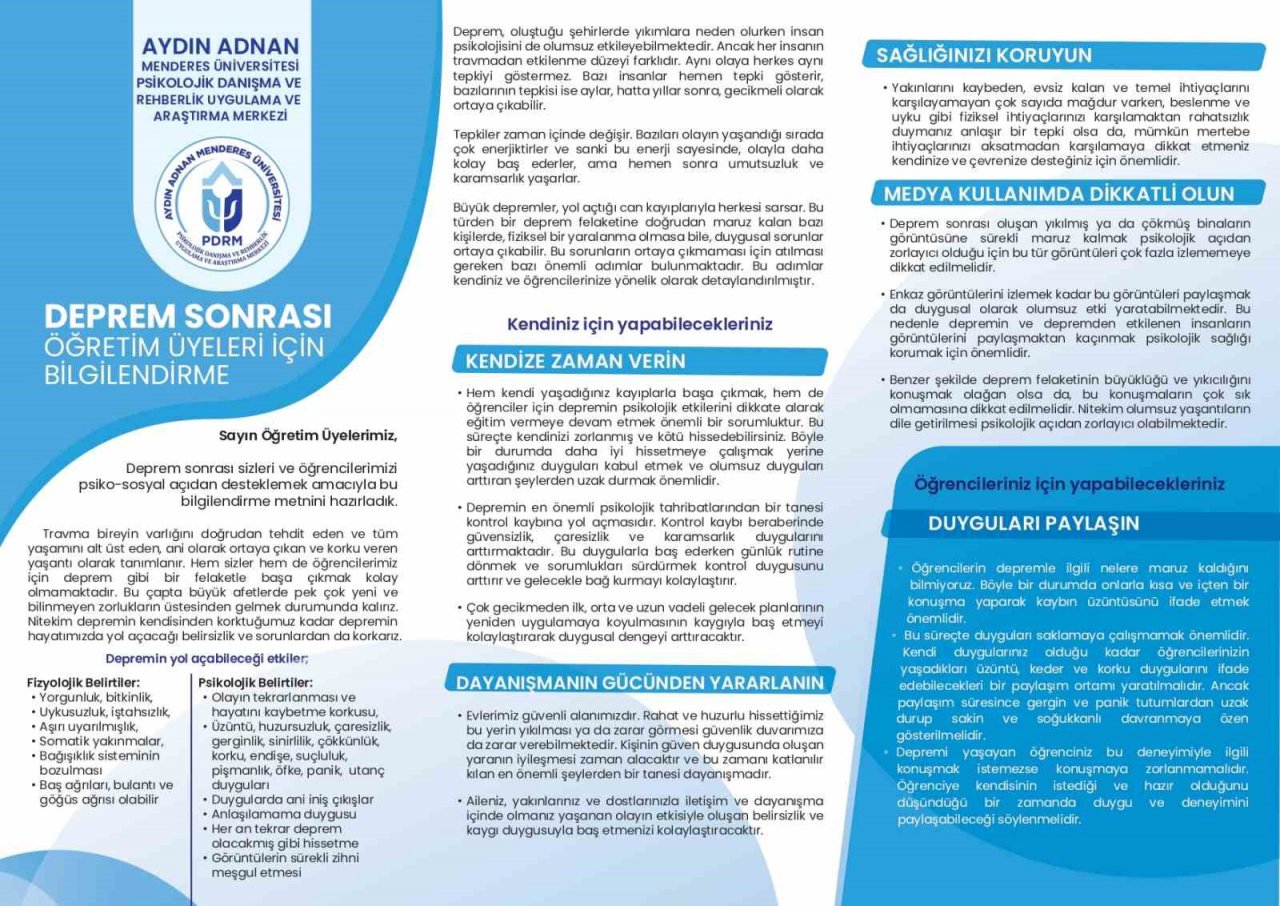 ADÜ PDRM, deprem sonrasında destek olmak için ADÜ personel ve öğrencileri bilgilendiriyor