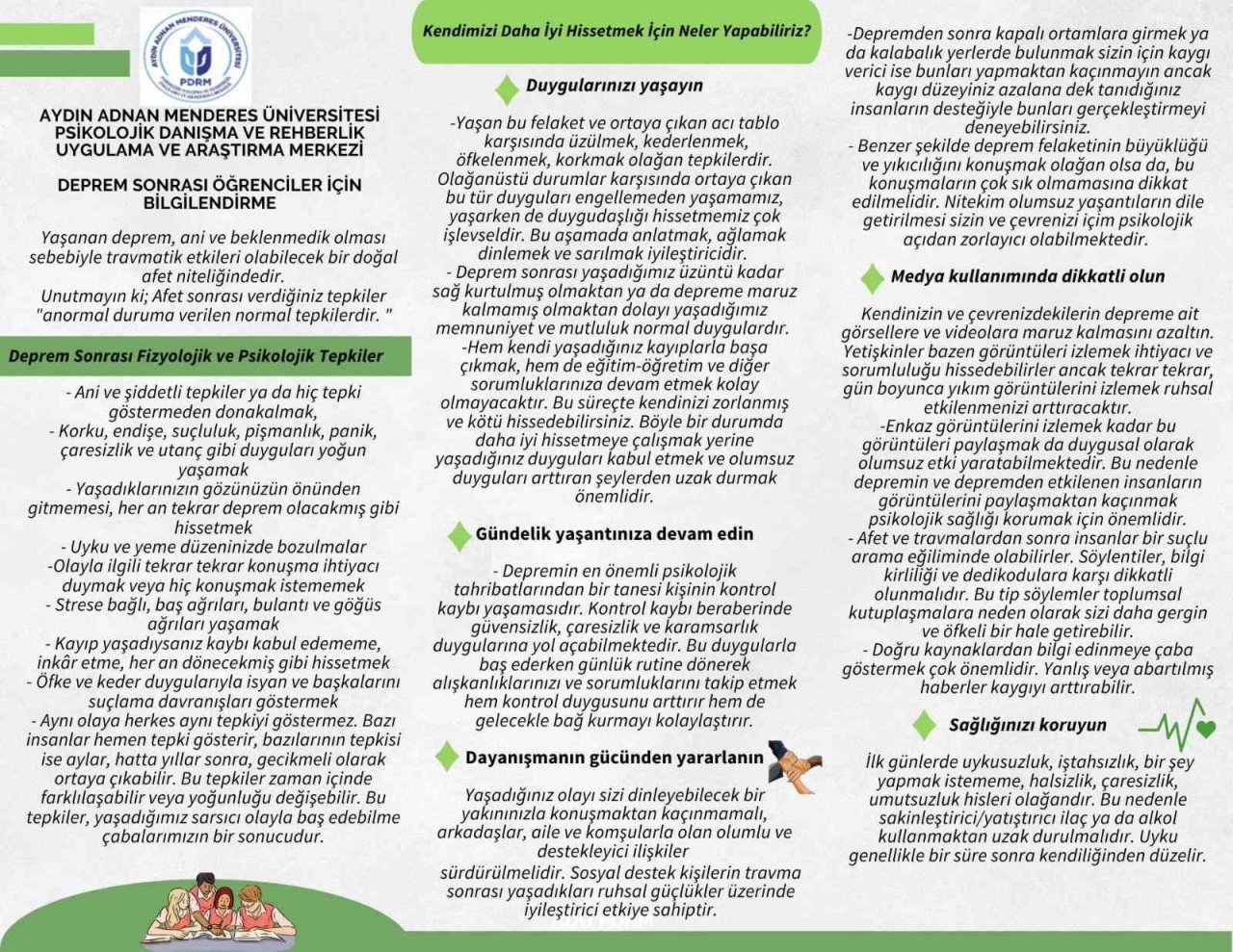ADÜ PDRM, deprem sonrasında destek olmak için ADÜ personel ve öğrencileri bilgilendiriyor