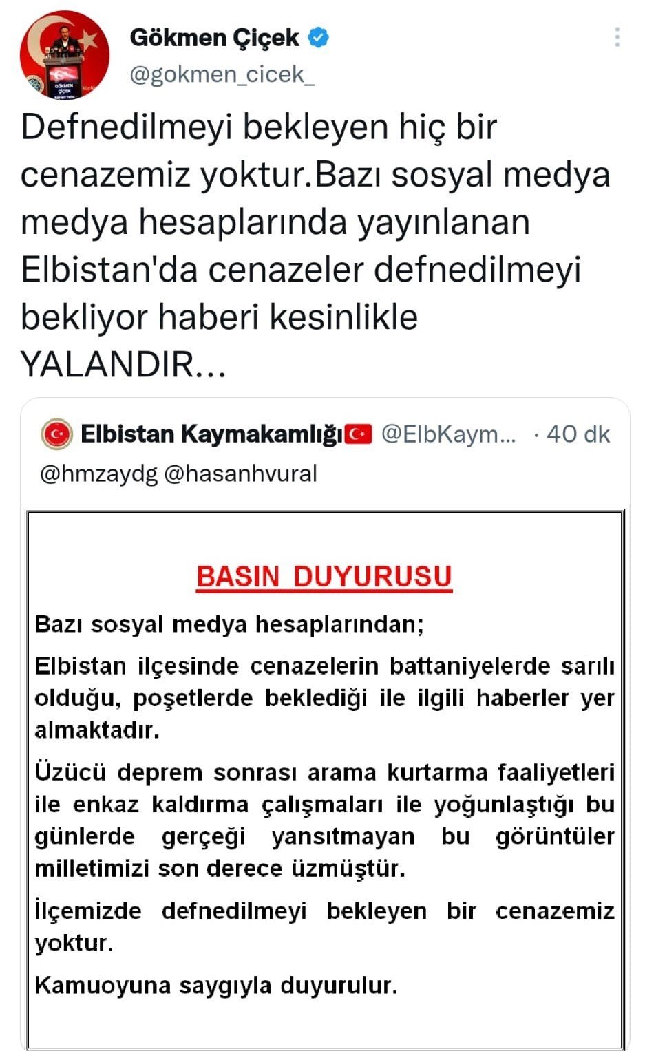 Elbistan Kaymakamlığı: "İlçemizde defnedilmeyi bekleyen bir cenazemiz yoktur"