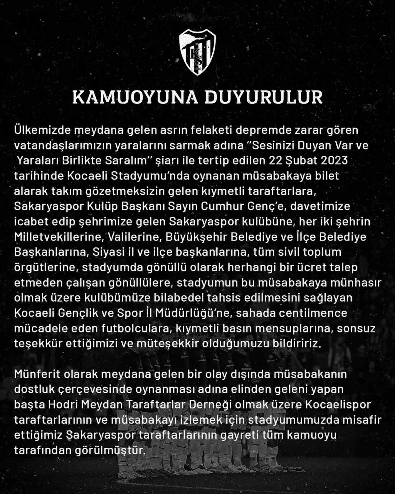 Depremzedeler için oynanan maçın ardından Kocaelispor cephesinden açıklama geldi