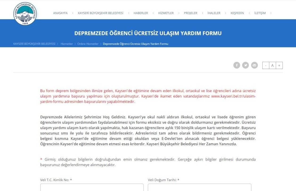 Kayseri Büyükşehir’den Depremzede Öğrencilere Ücretsiz Ulaşım İmkanı