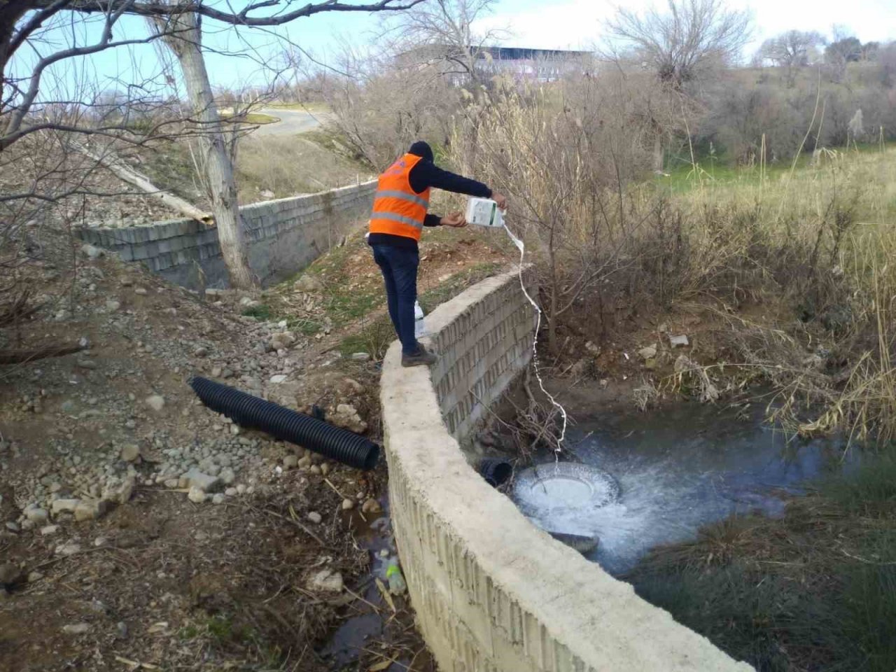 Kahta’da larva üreme noktalarını ilaçlanıyor