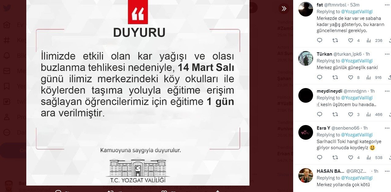 Yozgat’ta öğrencilerin ’kar tatili’ mesajları gülümsetti