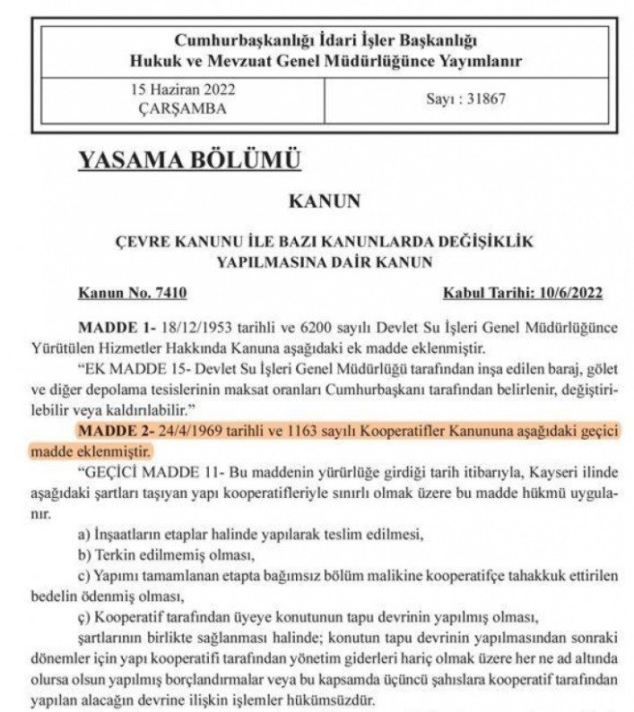 Kooperatif mağdurlarını üzen haber: Kayseri’ye özel çıkan kooperatif kanunu iptal edildi