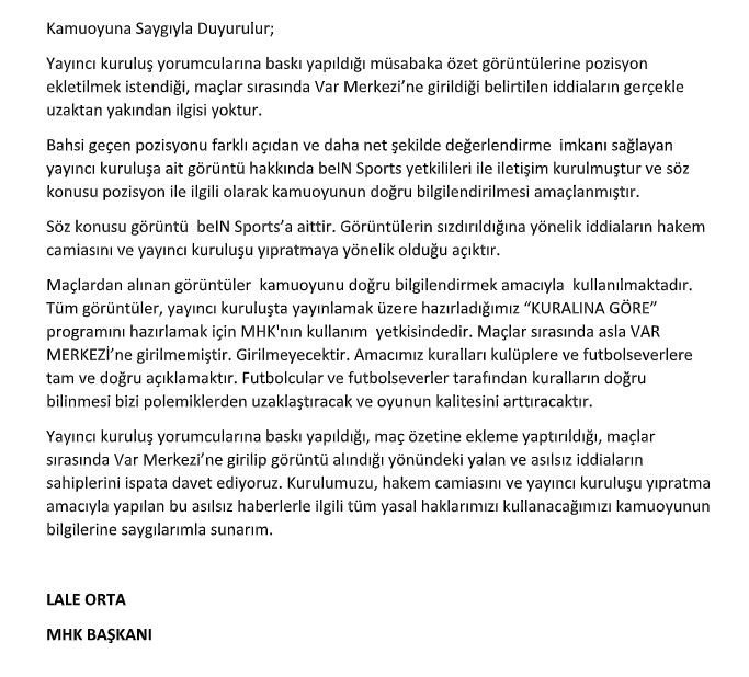 Lale Orta: "Maçlar sırasında asla VAR Merkezi’ne girilmemiştir, girilmeyecektir"