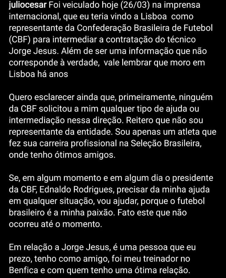 Julio Cesar: "Brezilya ve Jorge Jesus arasında arabuluculuk yaptığım haberleri doğru değil”