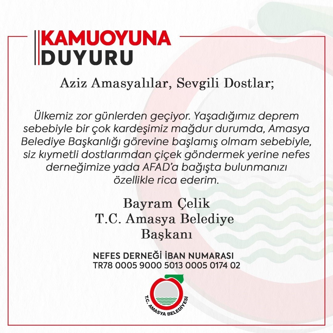 Amasya’nın yeni Belediye Başkanı Çelik: “Çiçek göndermeyin, depremzedeler için bağış yapın”