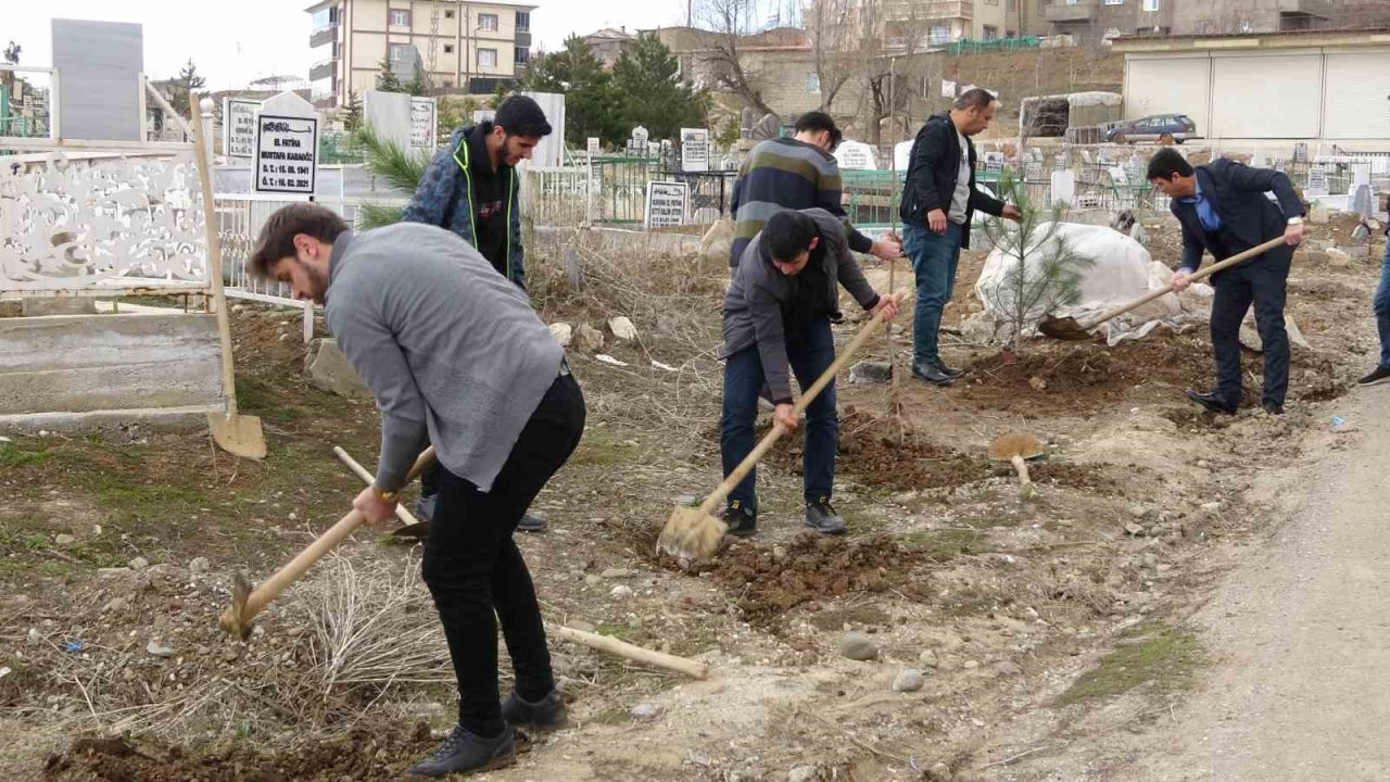 Örnek öğretmen öğrencileriyle mezarlıkta 100 fidan dikti