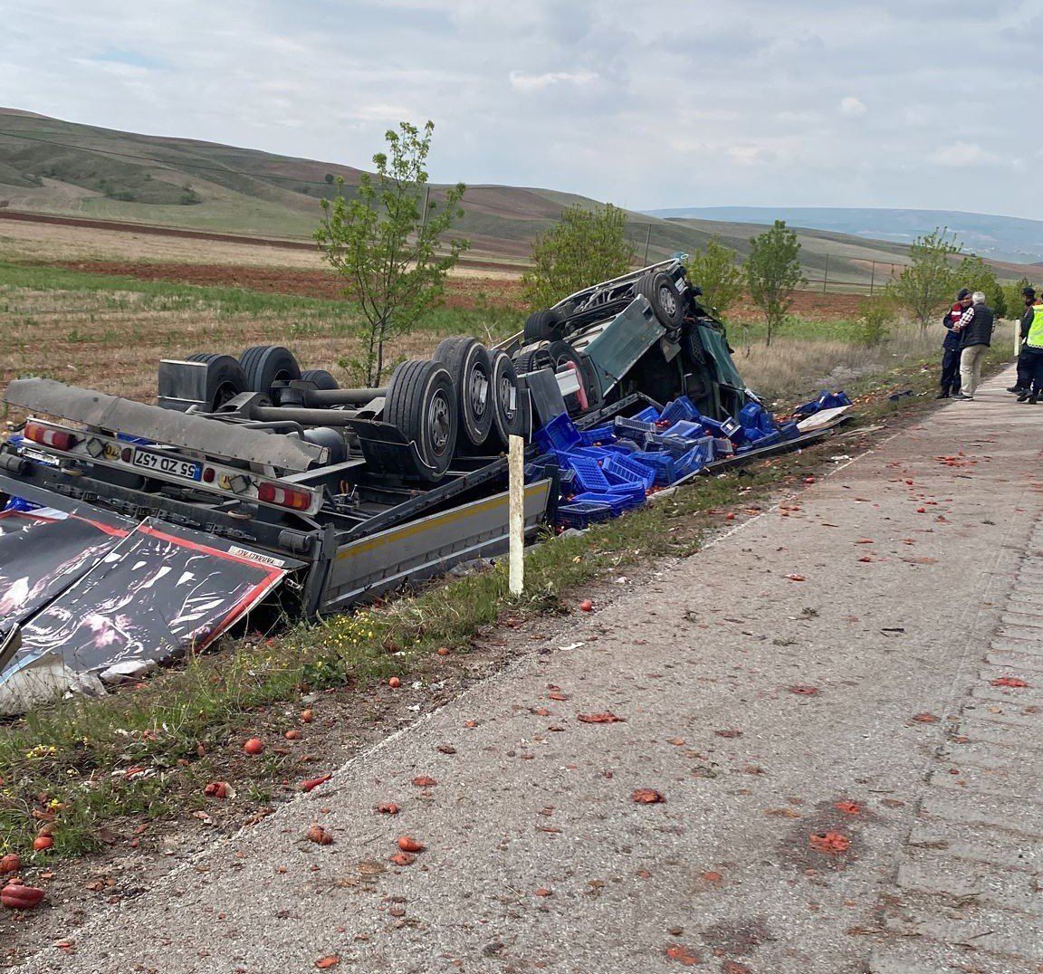 Sebze ve meyve yüklü tır devrildi, sürücü yaralandı