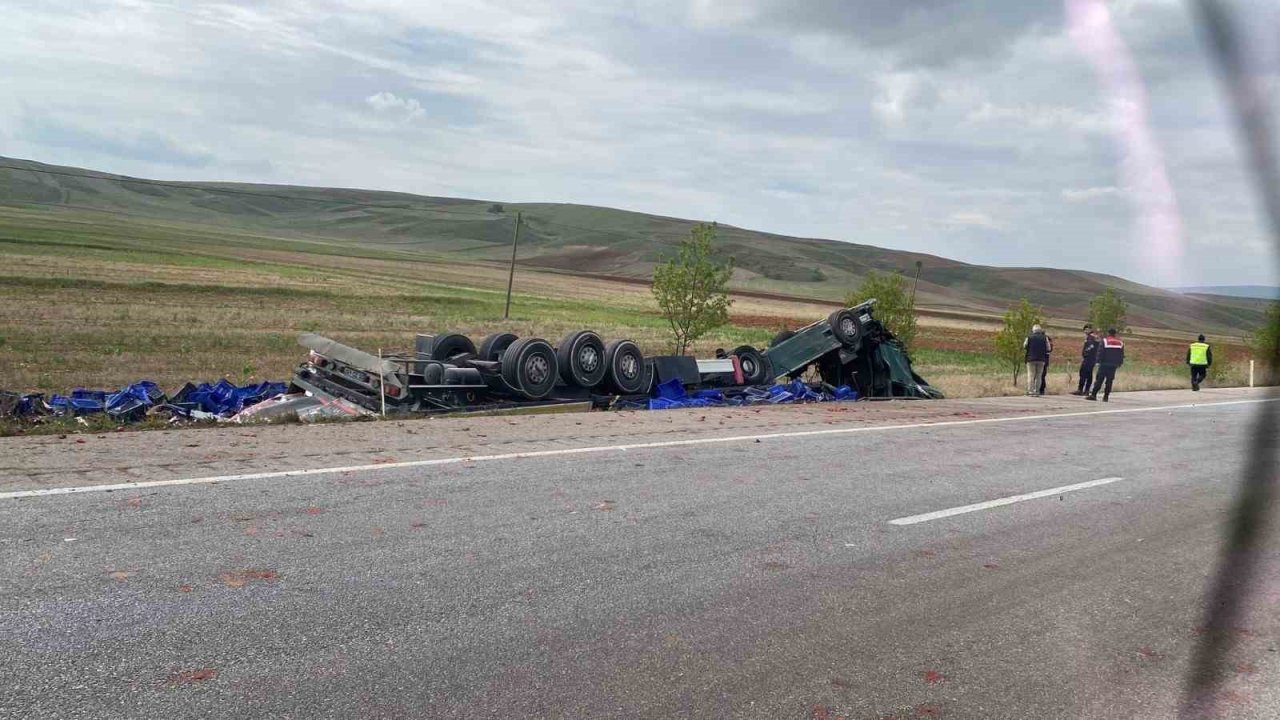 Sebze ve meyve yüklü tır devrildi, sürücü yaralandı