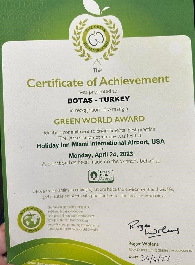 BOTAŞ 5 çevre ödülünün daha sahibi oldu