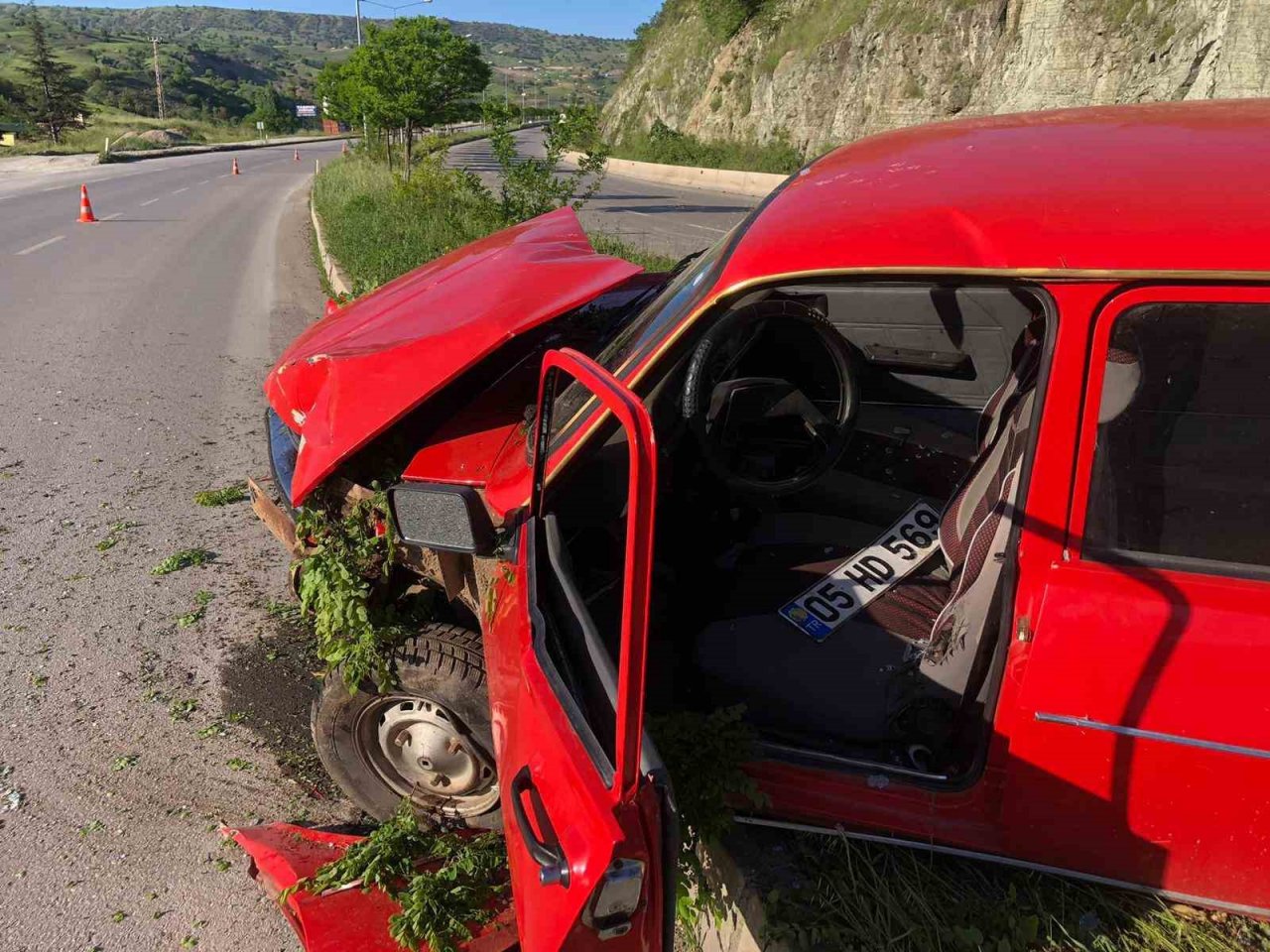 Kontrolden çıkan otomobil çarptığı ağacı kökünden söktü