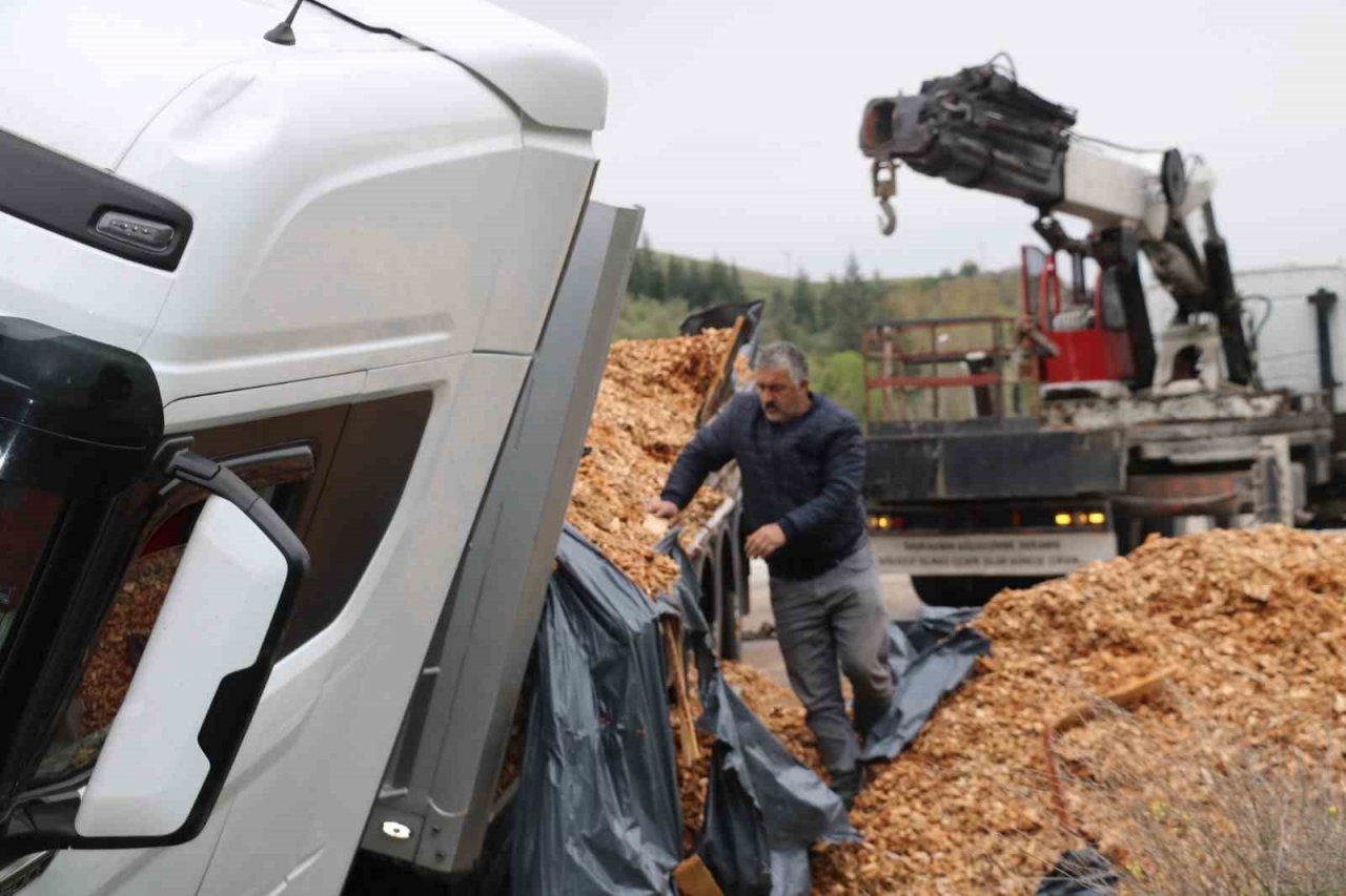 Odun talaşı yüklü tır devrildi, Afyonkarahisar-Kütahya karayolu 2 saat ulaşıma kapandı