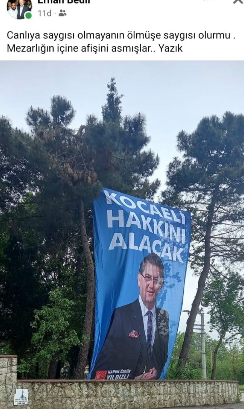CHP milletvekili adayının seçim afişi mezarlığa asıldı